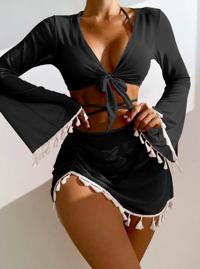 4pcs Solid Color Bikini With Short Skirt And Long Sleeve Cover-up Fashion Bow Tie Fringed Swimsuit Set Summer Beach Womens Clothing