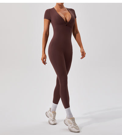 European And American Sexy Nude Feel Short Sleeve Yoga Jumpsuit