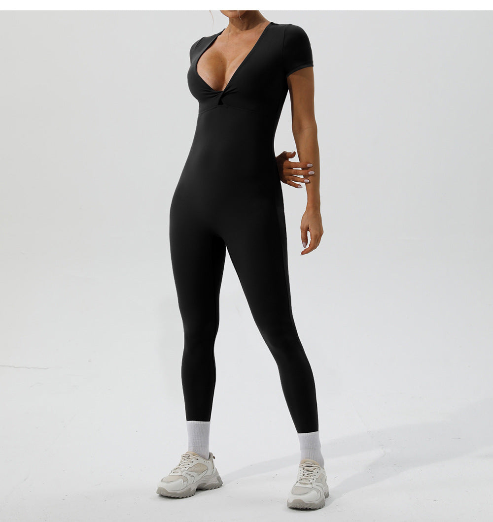 European And American Sexy Nude Feel Short Sleeve Yoga Jumpsuit