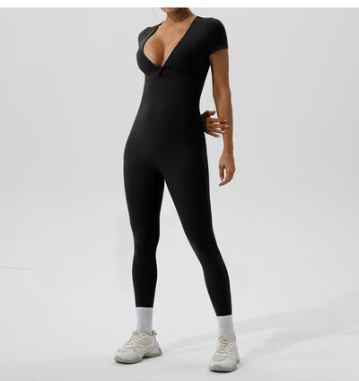 European And American Sexy Nude Feel Short Sleeve Yoga Jumpsuit