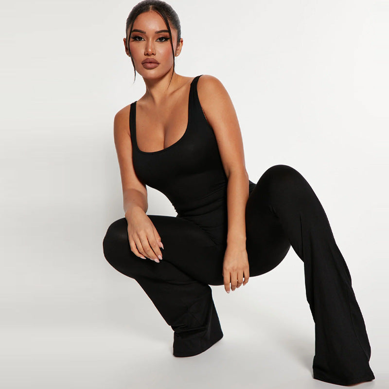 Women's Solid Color Slim Fit Backless Sleeveless Shoulder Strap Jumpsuit