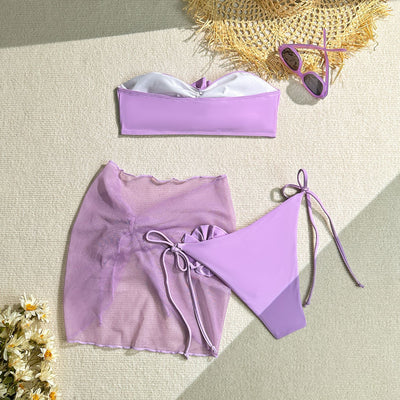 Women's Tube Top With Three-dimensional Big Flower Tied Swimsuit