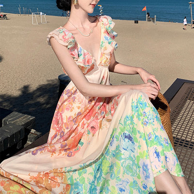Fashion V-neck Ruffle Sleeve Long Dress Summer Romantic French-Style Flowers Print Bow-knot Backless Design Beach Vacation Dresses Womens Clothing