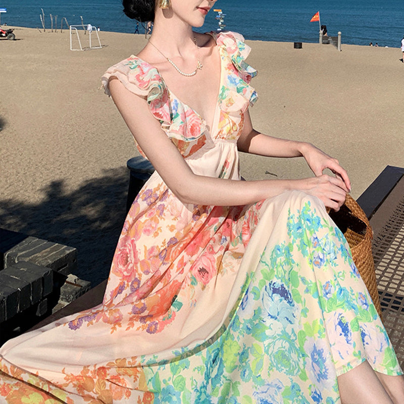 Fashion V-neck Ruffle Sleeve Long Dress Summer Romantic French-Style Flowers Print Bow-knot Backless Design Beach Vacation Dresses Womens Clothing