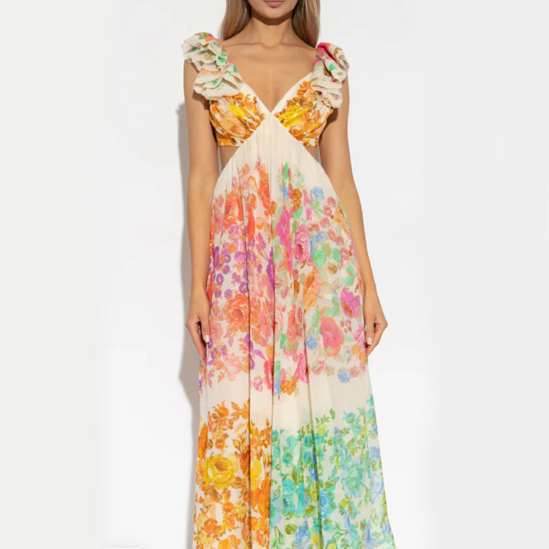 Fashion V-neck Ruffle Sleeve Long Dress Summer Romantic French-Style Flowers Print Bow-knot Backless Design Beach Vacation Dresses Womens Clothing