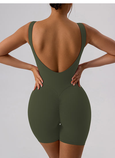Nude Feel Hollow-out Beauty Back Yoga Jumpsuit Shorts For Women