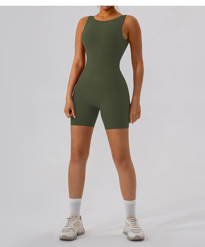 Nude Feel Hollow-out Beauty Back Yoga Jumpsuit Shorts For Women
