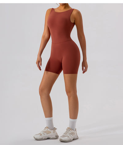Nude Feel Hollow-out Beauty Back Yoga Jumpsuit Shorts For Women