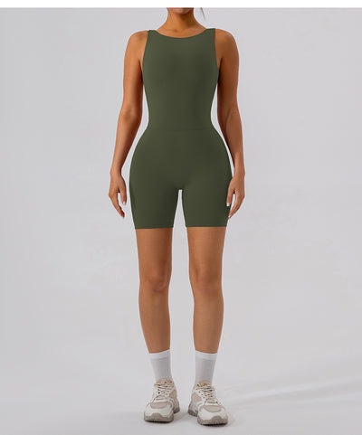 Nude Feel Hollow-out Beauty Back Yoga Jumpsuit Shorts For Women