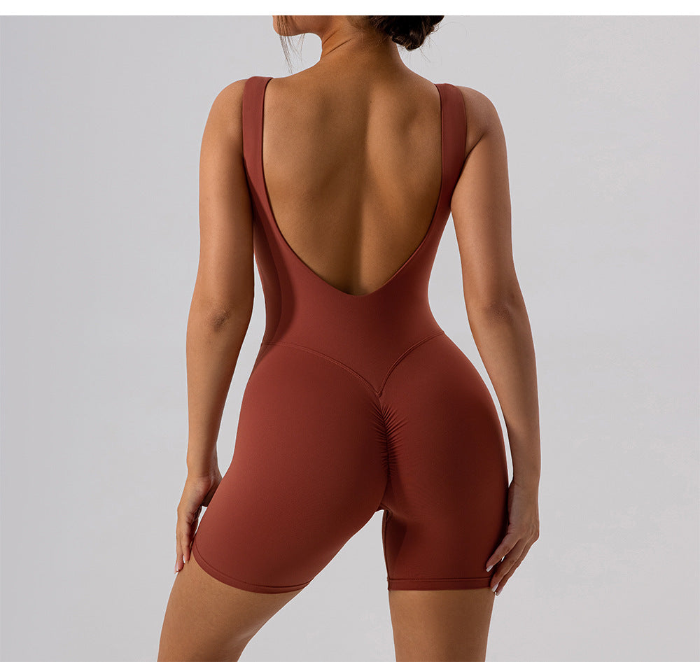 Nude Feel Hollow-out Beauty Back Yoga Jumpsuit Shorts For Women