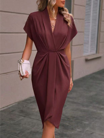 Summer Batwing Sleeve Dress Fashion V-neck Short Sleeve Pleated Dresses Womens Clothing