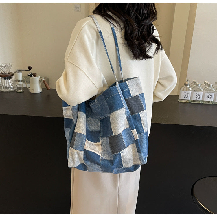 Women's Large Capacity Denim Color-contrast Check Idle Style Shoulder Commute Leisure Handbag Versatile Tote Bag