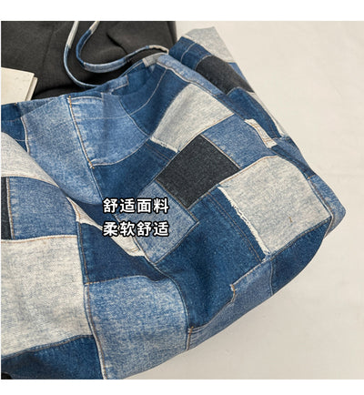 Women's Large Capacity Denim Color-contrast Check Idle Style Shoulder Commute Leisure Handbag Versatile Tote Bag