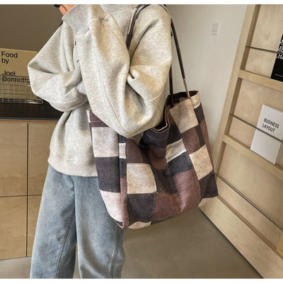Women's Large Capacity Denim Color-contrast Check Idle Style Shoulder Commute Leisure Handbag Versatile Tote Bag