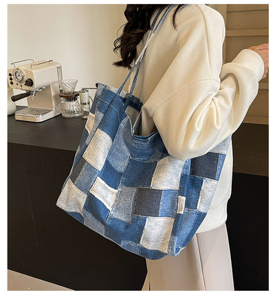 Women's Large Capacity Denim Color-contrast Check Idle Style Shoulder Commute Leisure Handbag Versatile Tote Bag