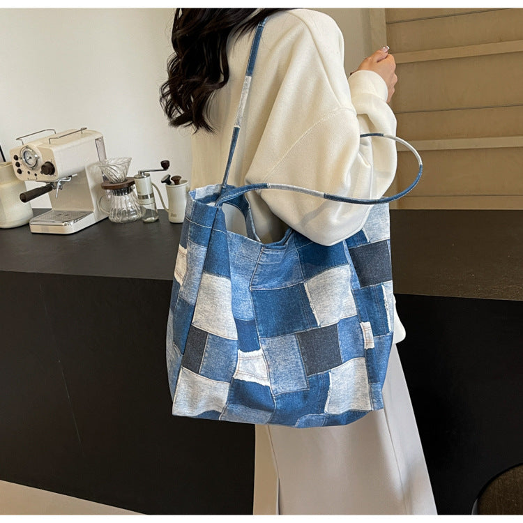 Women's Large Capacity Denim Color-contrast Check Idle Style Shoulder Commute Leisure Handbag Versatile Tote Bag