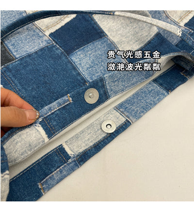 Women's Large Capacity Denim Color-contrast Check Idle Style Shoulder Commute Leisure Handbag Versatile Tote Bag