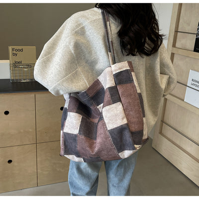 Women's Large Capacity Denim Color-contrast Check Idle Style Shoulder Commute Leisure Handbag Versatile Tote Bag
