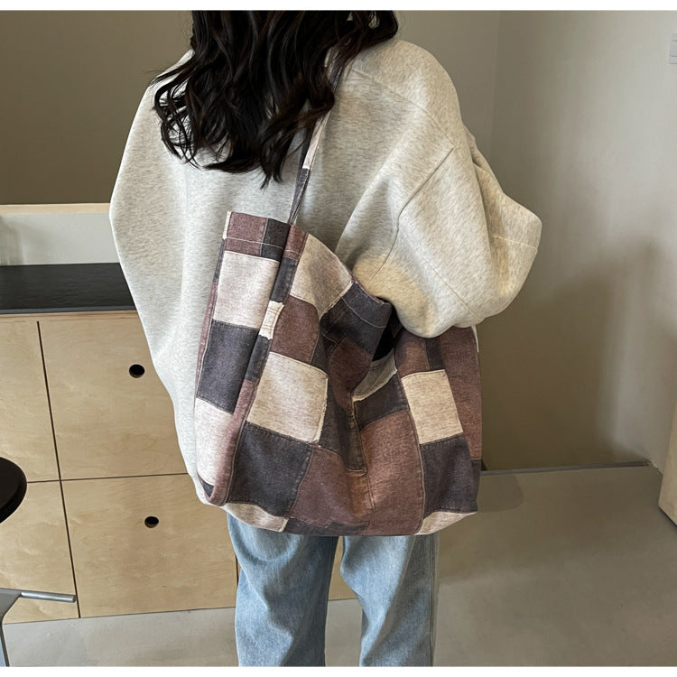 Women's Large Capacity Denim Color-contrast Check Idle Style Shoulder Commute Leisure Handbag Versatile Tote Bag