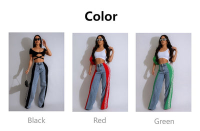 Fashion Casual High Waist Elastic Straight Leg Trousers Three Stripe Patchwork Denim Wide Leg Pants Streetwear