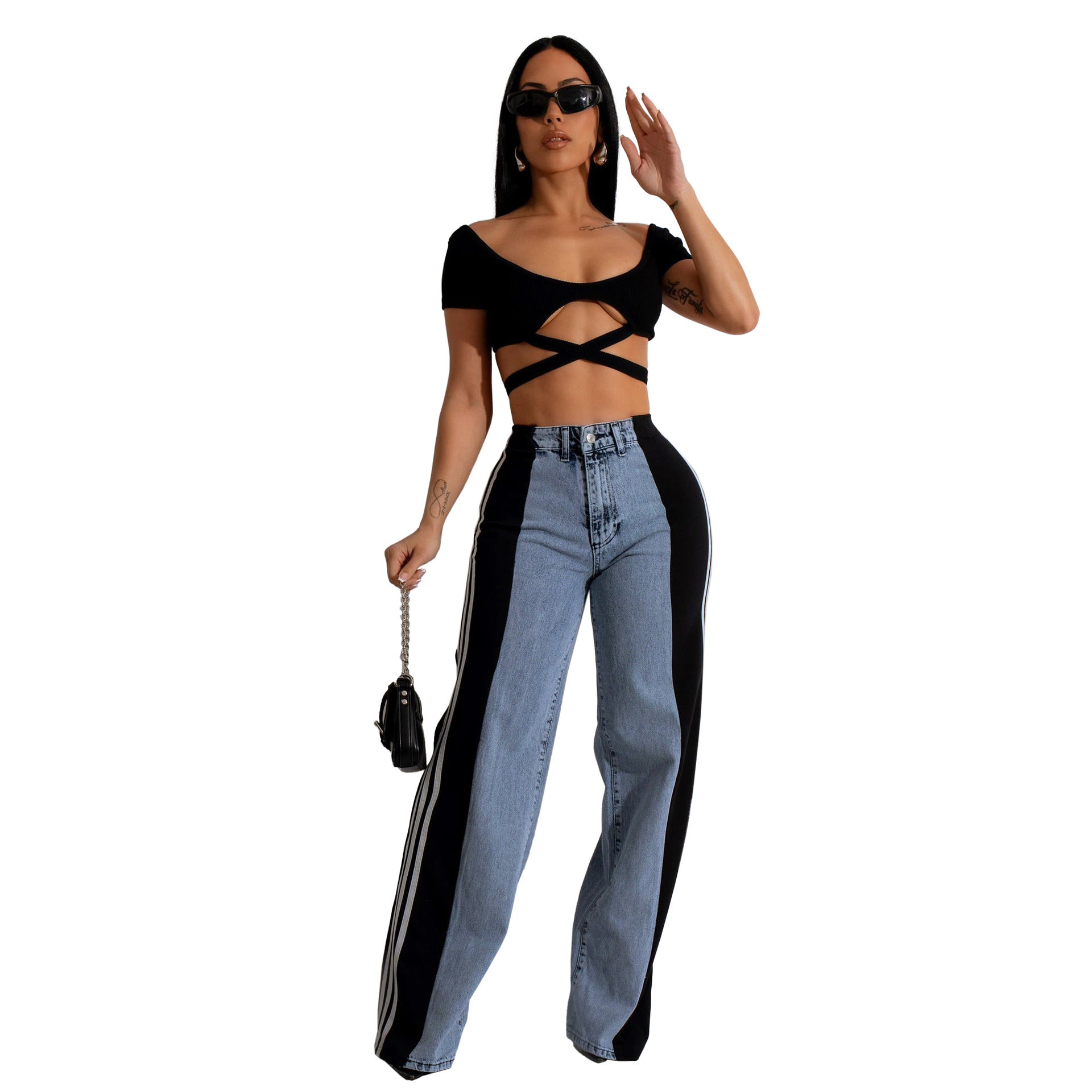 Fashion Casual High Waist Elastic Straight Leg Trousers Three Stripe Patchwork Denim Wide Leg Pants Streetwear