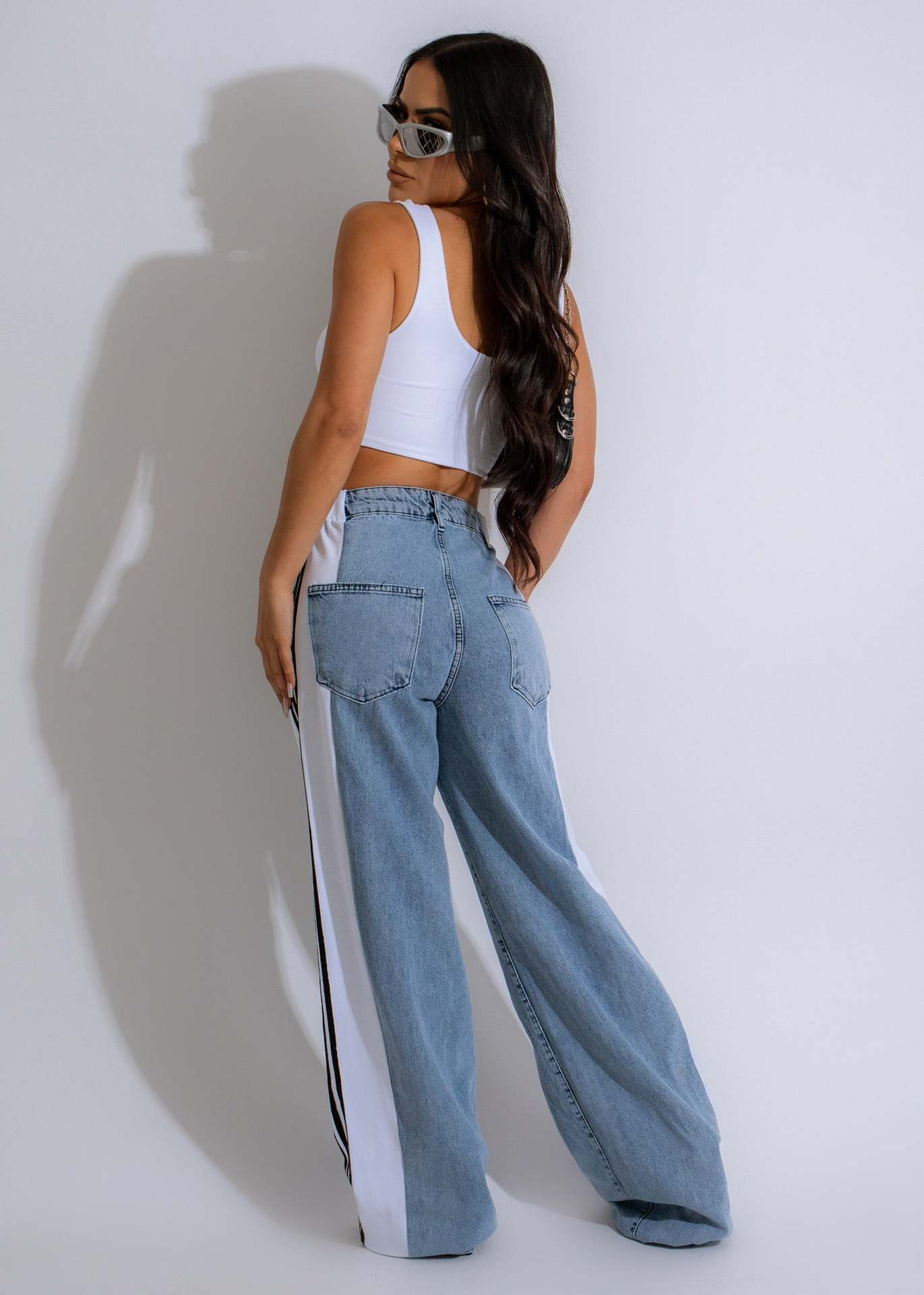 Fashion Casual High Waist Elastic Straight Leg Trousers Three Stripe Patchwork Denim Wide Leg Pants Streetwear