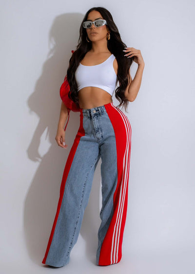 Fashion Casual High Waist Elastic Straight Leg Trousers Three Stripe Patchwork Denim Wide Leg Pants Streetwear