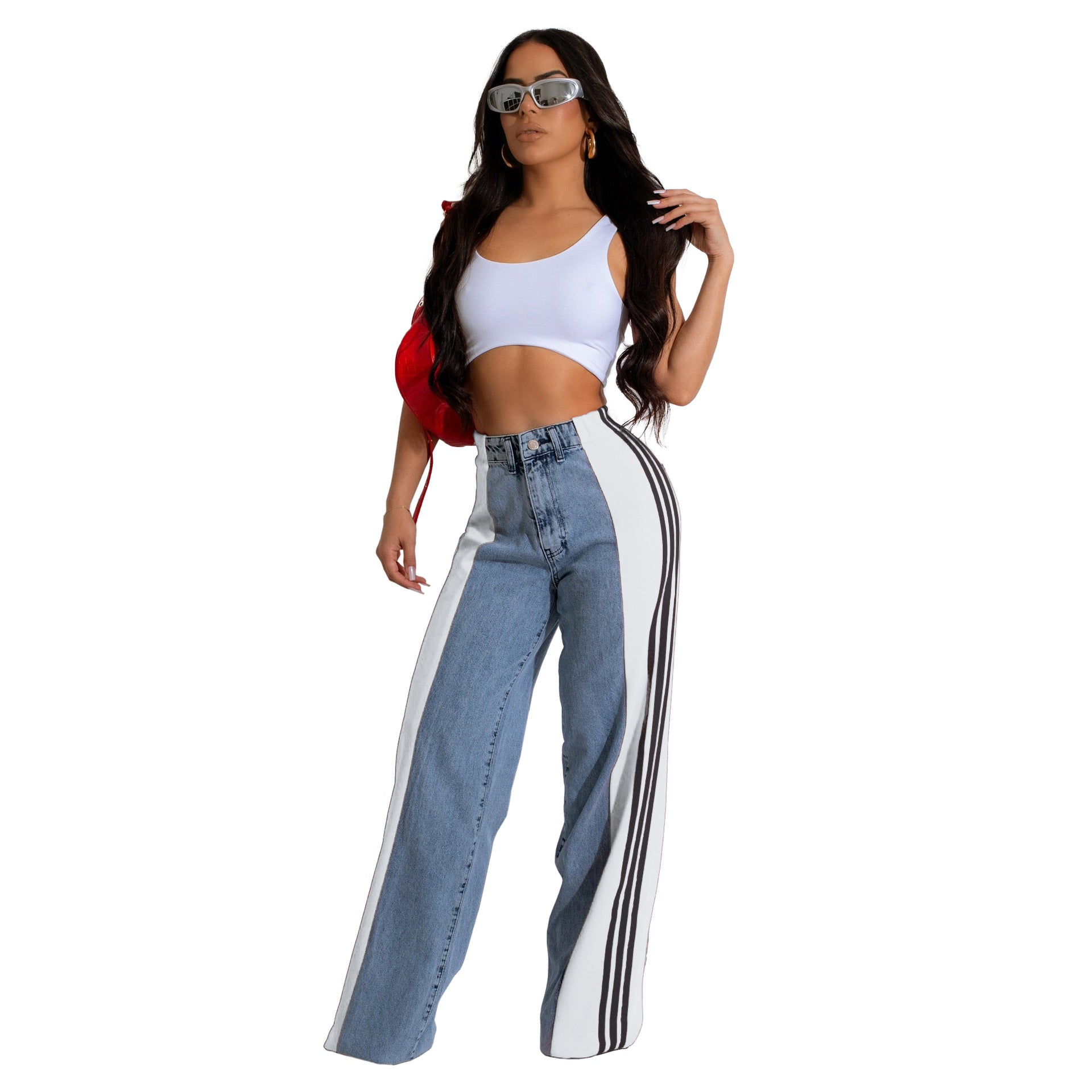 Fashion Casual High Waist Elastic Straight Leg Trousers Three Stripe Patchwork Denim Wide Leg Pants Streetwear
