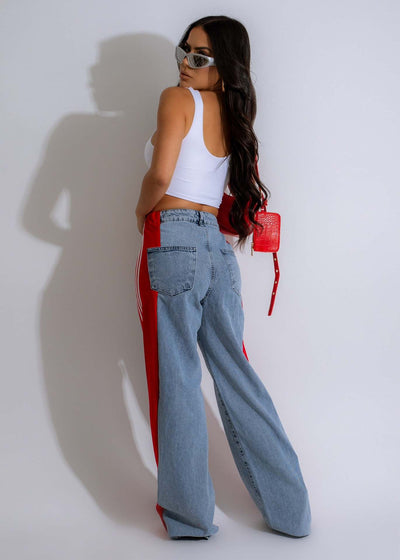 Fashion Casual High Waist Elastic Straight Leg Trousers Three Stripe Patchwork Denim Wide Leg Pants Streetwear
