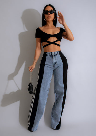 Fashion Casual High Waist Elastic Straight Leg Trousers Three Stripe Patchwork Denim Wide Leg Pants Streetwear