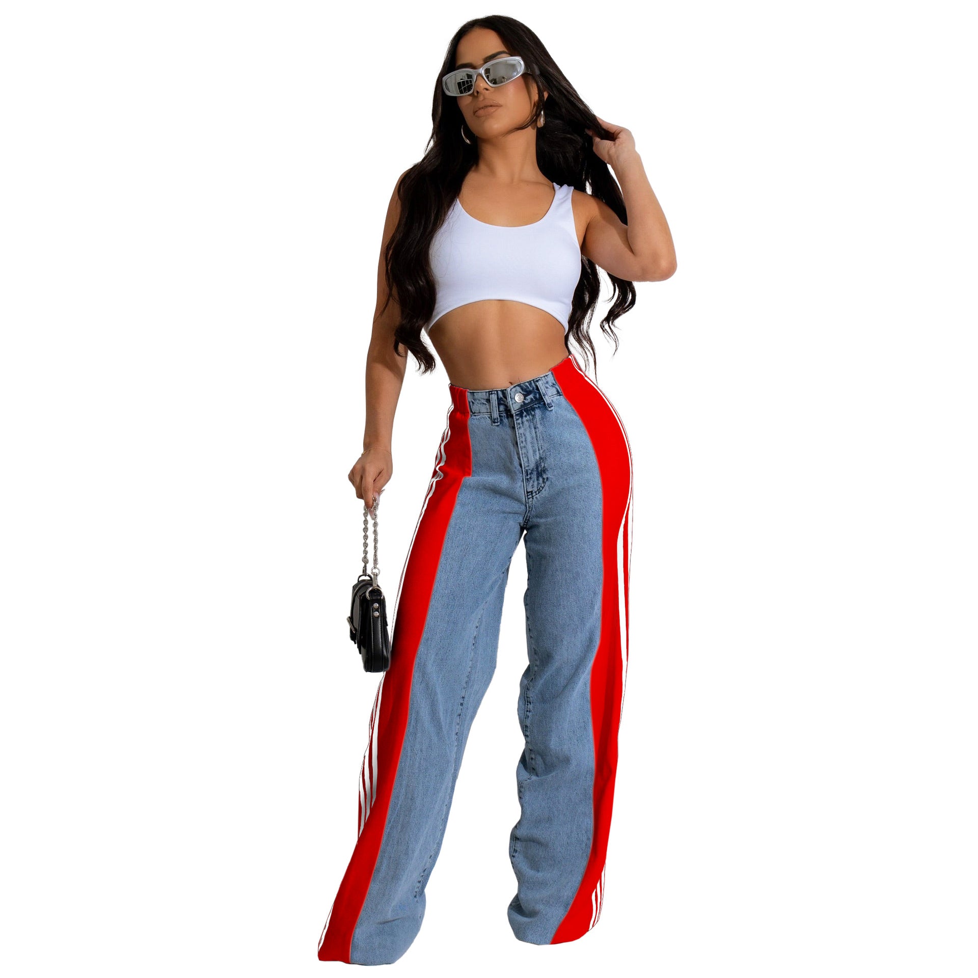 Fashion Casual High Waist Elastic Straight Leg Trousers Three Stripe Patchwork Denim Wide Leg Pants Streetwear