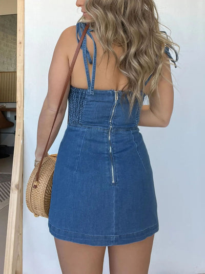 Square Neck Suspender Split Denim Dress With Back Zipper Design Summer Fashion Slim Sling Short Dresses For Women