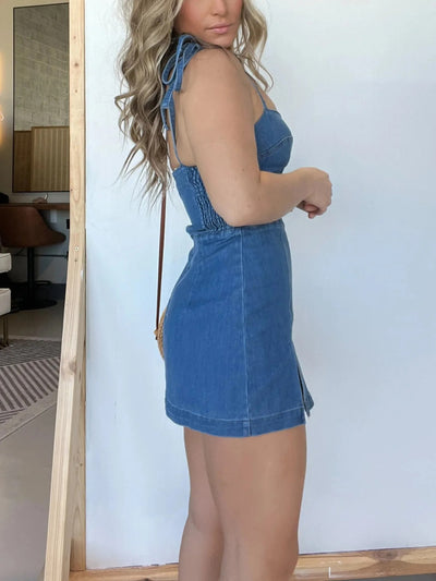 Square Neck Suspender Split Denim Dress With Back Zipper Design Summer Fashion Slim Sling Short Dresses For Women