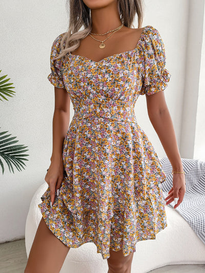 Women Mini Dress Temperament Big Swing Loose Hem Flower Print Shirring Dress Up Short Sleeves High Waist Summer Dress Clothes