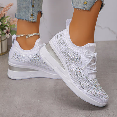 Ins Rhinestone Sneakers Fashion Lace Up Wedges Casual Shoes Women's Daily Commuting Sports Shoes