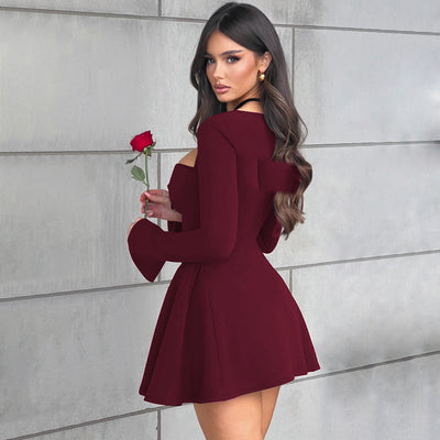 Commute Low-neck Long-sleeved Dress Y2K Fashion Slim A-line Short Dressed Party Evening Clothing For Women
