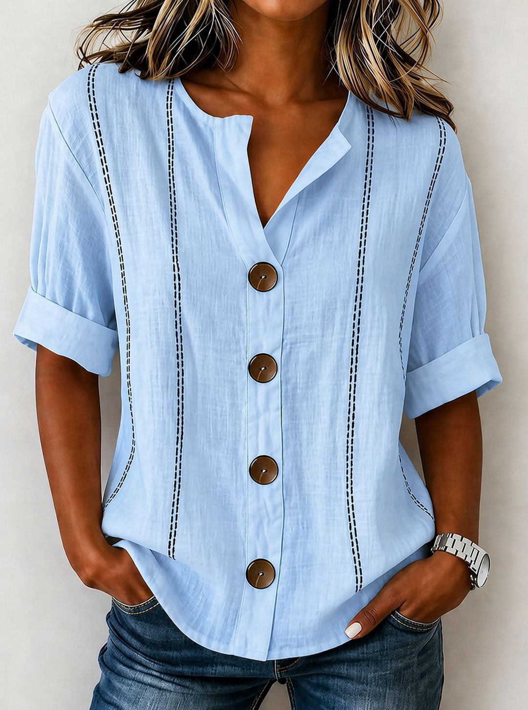 Summer Striped Button-up Blouse For Women
