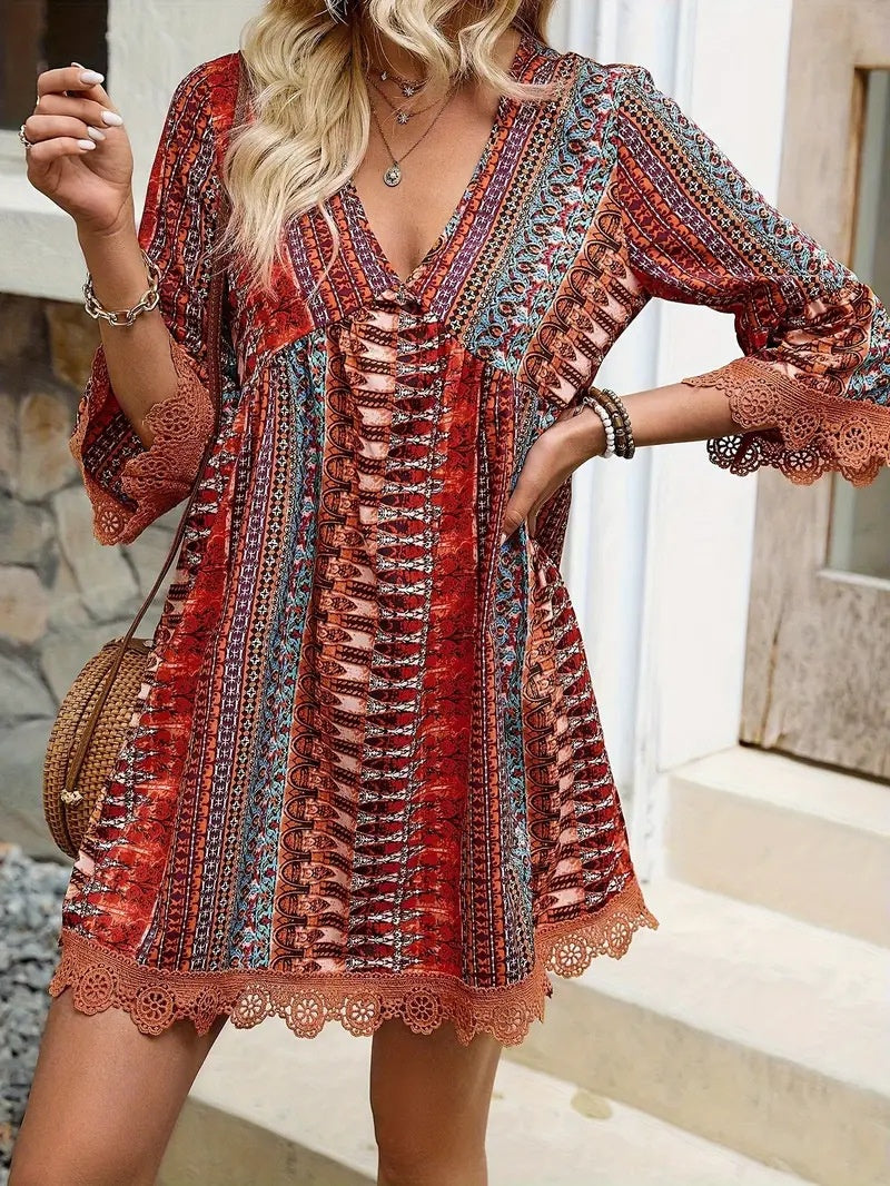Bohemian Style V-neck Printed Dress Fashion Casual Loose Beach Dresses For Women