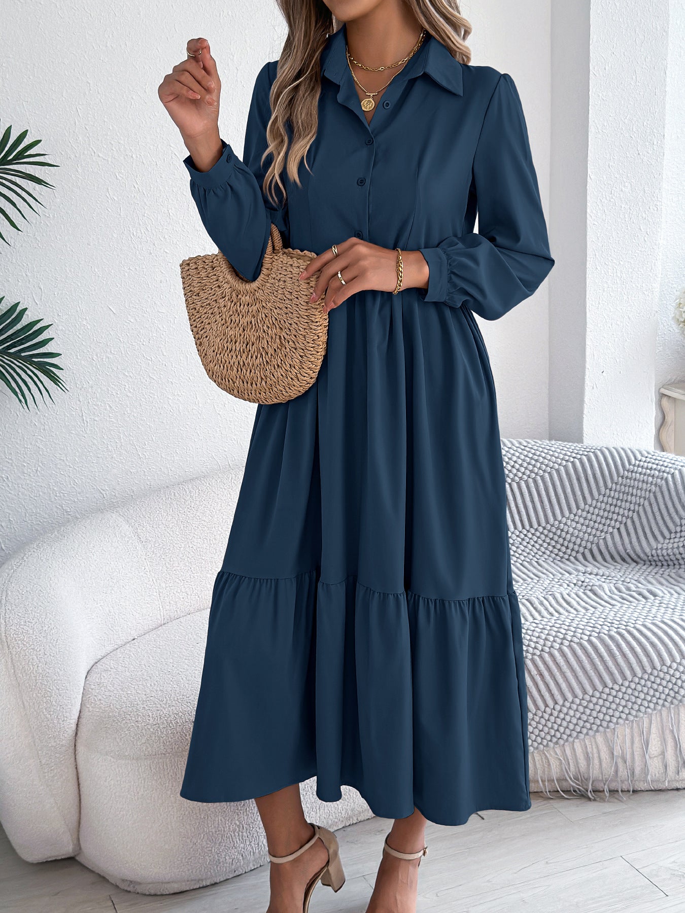 Women's Lapel Casual Loose Long Sleeve Ruffled Shirt Dresses Long Sleeved Turn-down Collar Single-Breasted Dress Spring Autumn Fashion Women's Clothing For Vacation