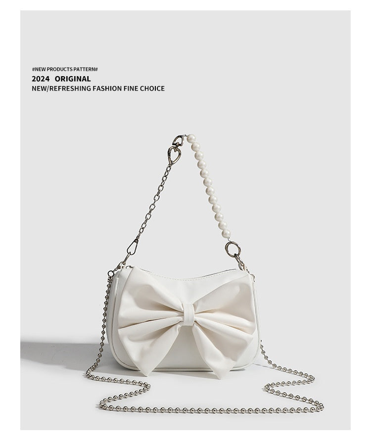 Black White PU Bow Handbags Autumn Winter Ladies Underarm Tote Bags Fashion Simple Pearl Chain Shoulder Bag Small Purse