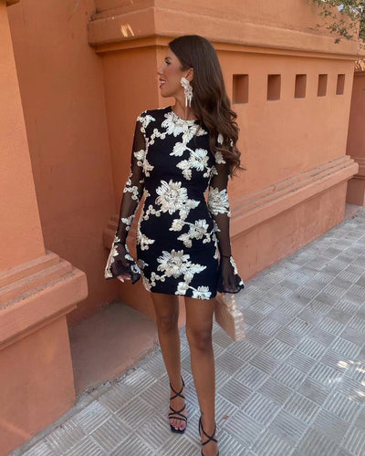 Flowers Bell-sleeved Dress Fashion Sexy Slim Long-sleeved Mesh Dresses For Party Club Women Clothing