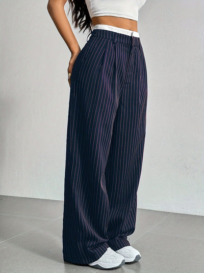 Stripe Printed Trousers Fashion High Waist Straight Leg Pants With Pocket Zipper Casual Suit Pants For Women