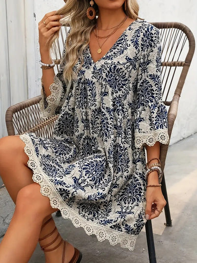 Bohemian Style V-neck Printed Dress Fashion Casual Loose Beach Dresses For Women