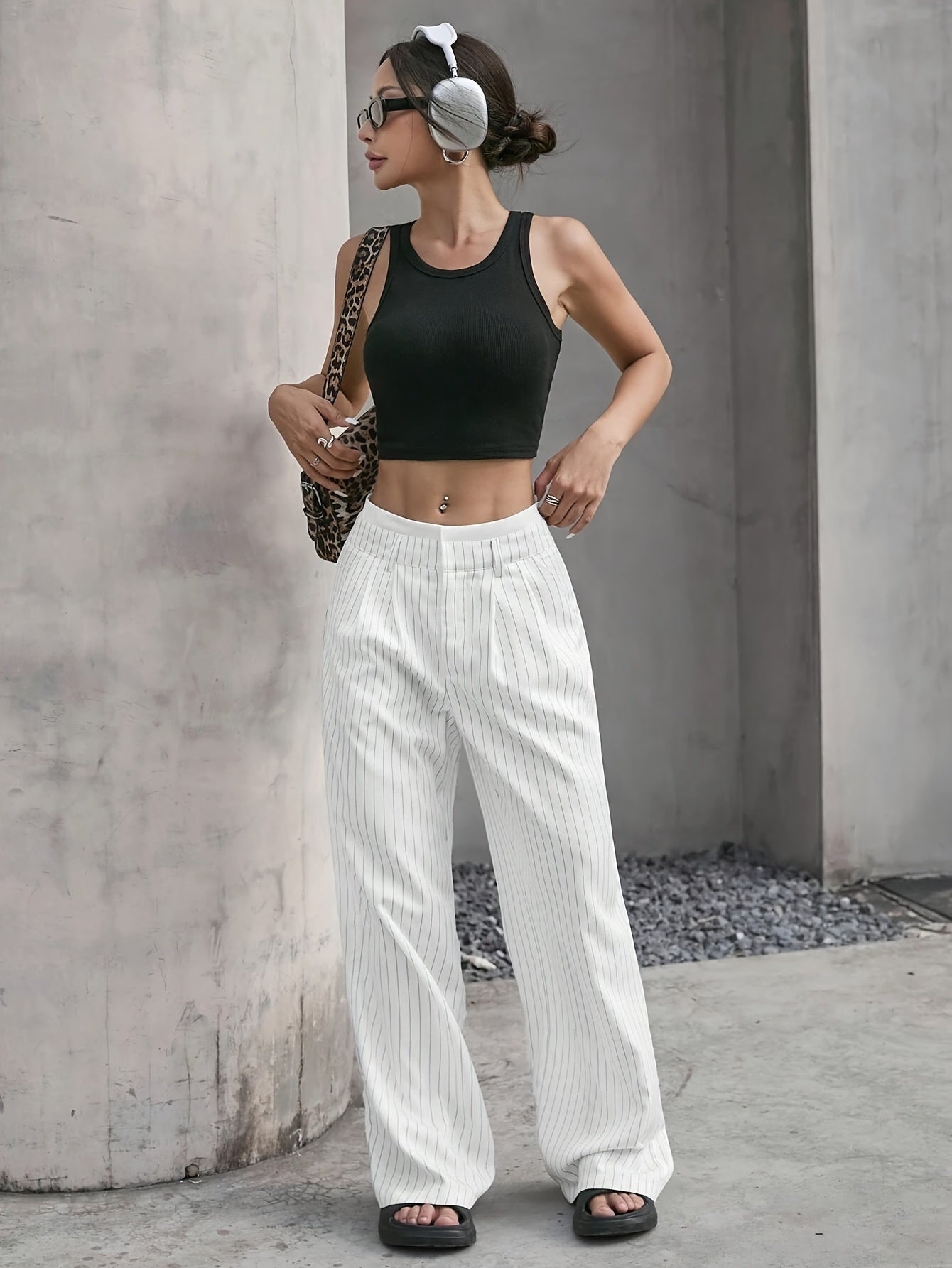Stripe Printed Trousers Fashion High Waist Straight Leg Pants With Pocket Zipper Casual Suit Pants For Women