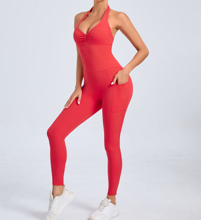 European And American Halter Side Pockets Yoga Jumpsuit