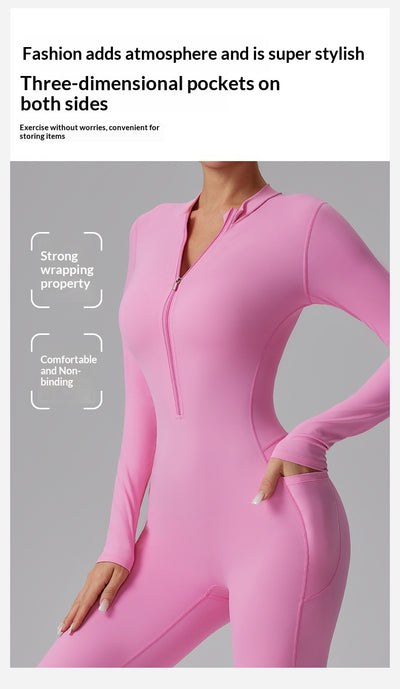 Slim-fit Bare-feel Long-sleeve Yoga Jumpsuit With A Zipper