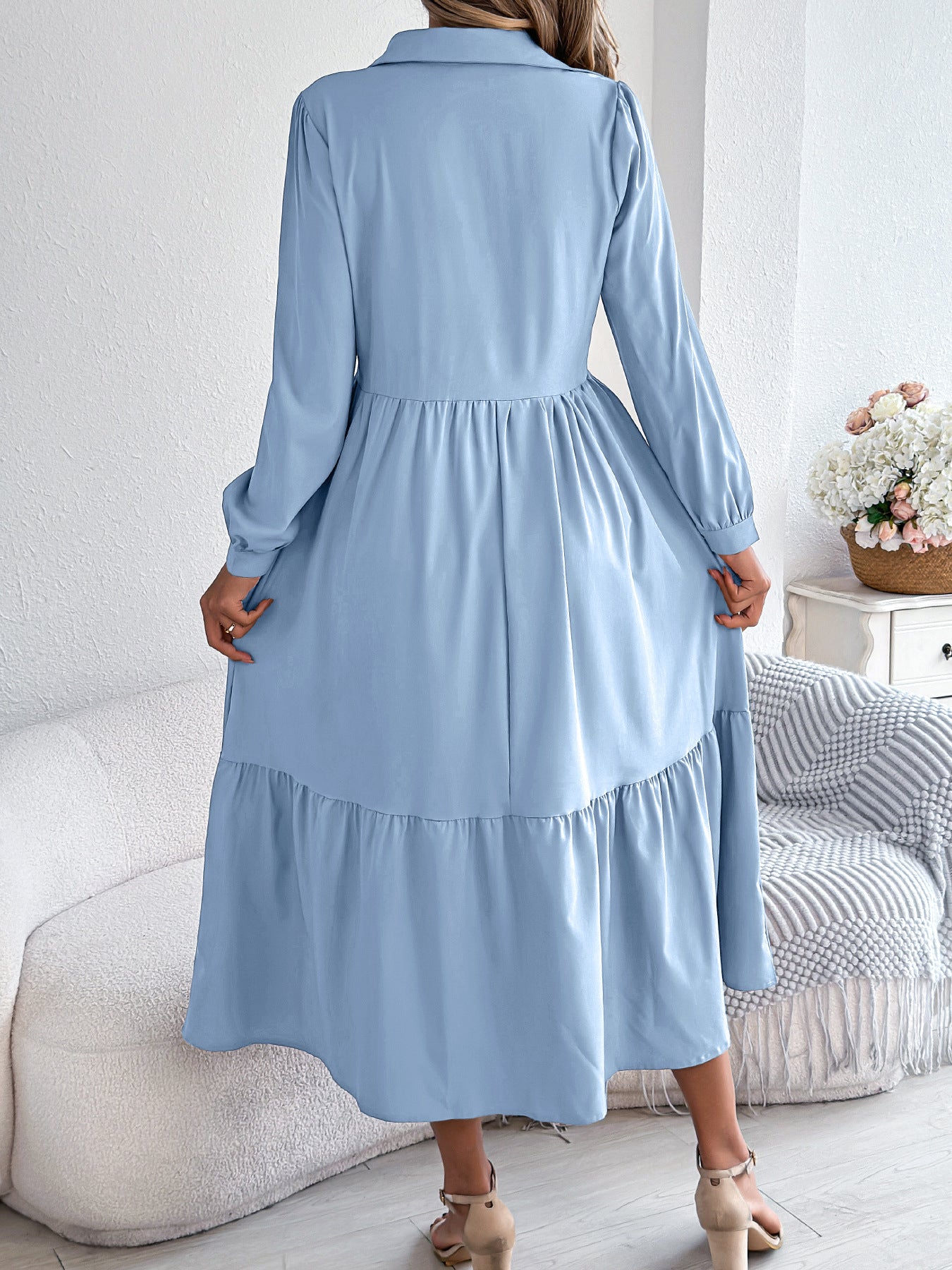 Women's Lapel Casual Loose Long Sleeve Ruffled Shirt Dresses Long Sleeved Turn-down Collar Single-Breasted Dress Spring Autumn Fashion Women's Clothing For Vacation