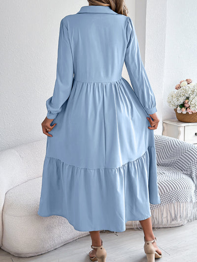 Women's Lapel Casual Loose Long Sleeve Ruffled Shirt Dresses Long Sleeved Turn-down Collar Single-Breasted Dress Spring Autumn Fashion Women's Clothing For Vacation