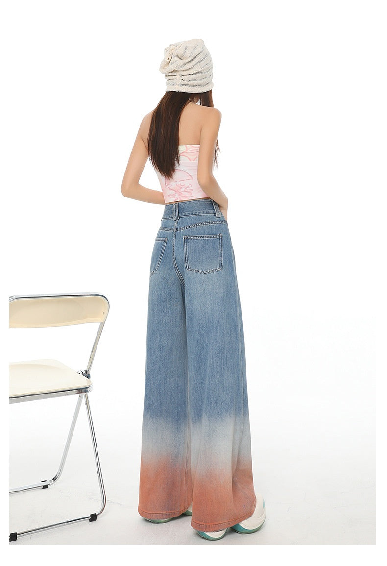 Gradient Color High Waist Wide Leg Jeans For Women Loose-fitting Mopping Pants