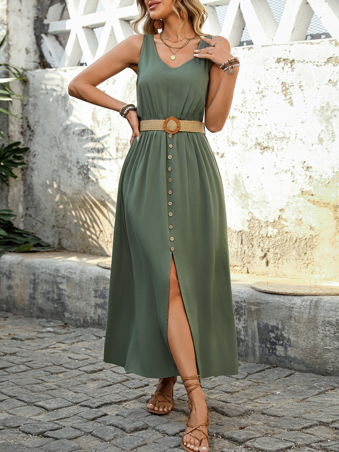 Summer Round-neck Sleeveless Split Dress With Button Design Fashion Solid Beach Long Dresses For Women Clothing